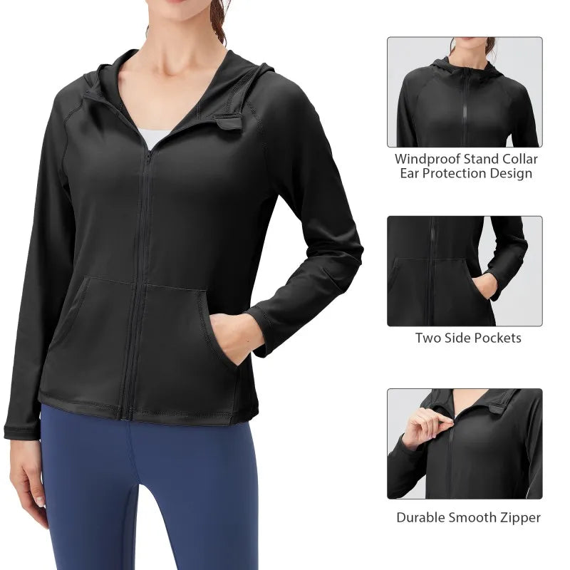 Women Fitness Coat Hooded Jacket Zipper Long Sleeve Pocket Yoga Tops Coat Slim Running Sweatshirts Quick Drying Gym Cardigan