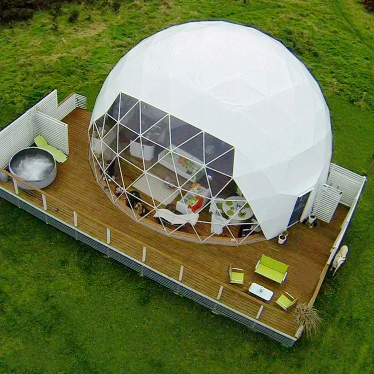 8m Diameter wholesale resort hotel camp geodesic sphere dome tent house with security glass door