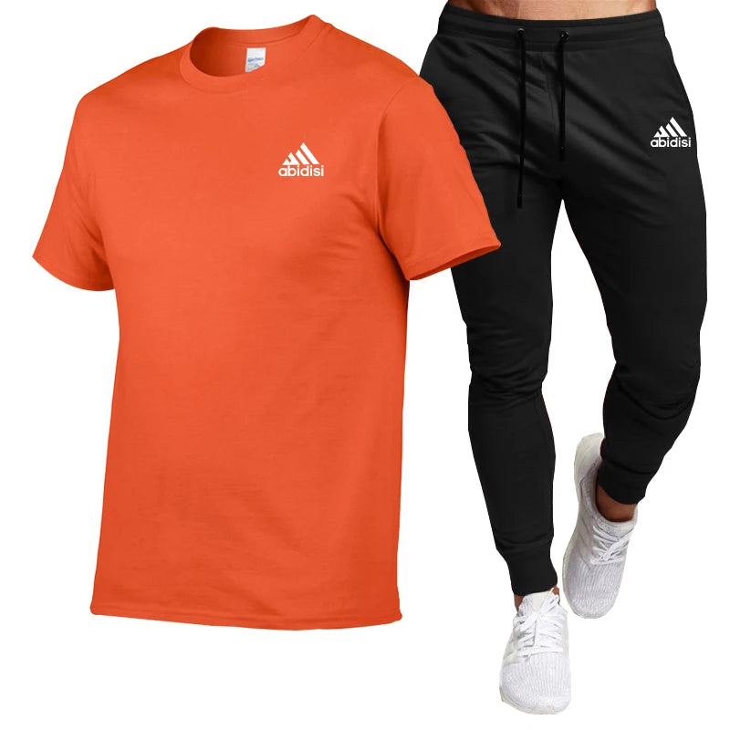 Summer Men's Suit Cotton T-shirt Short Sleeved Top+Black Casual Sports Pants Two-Piece Set Of Fashionable Comfortable Clothing