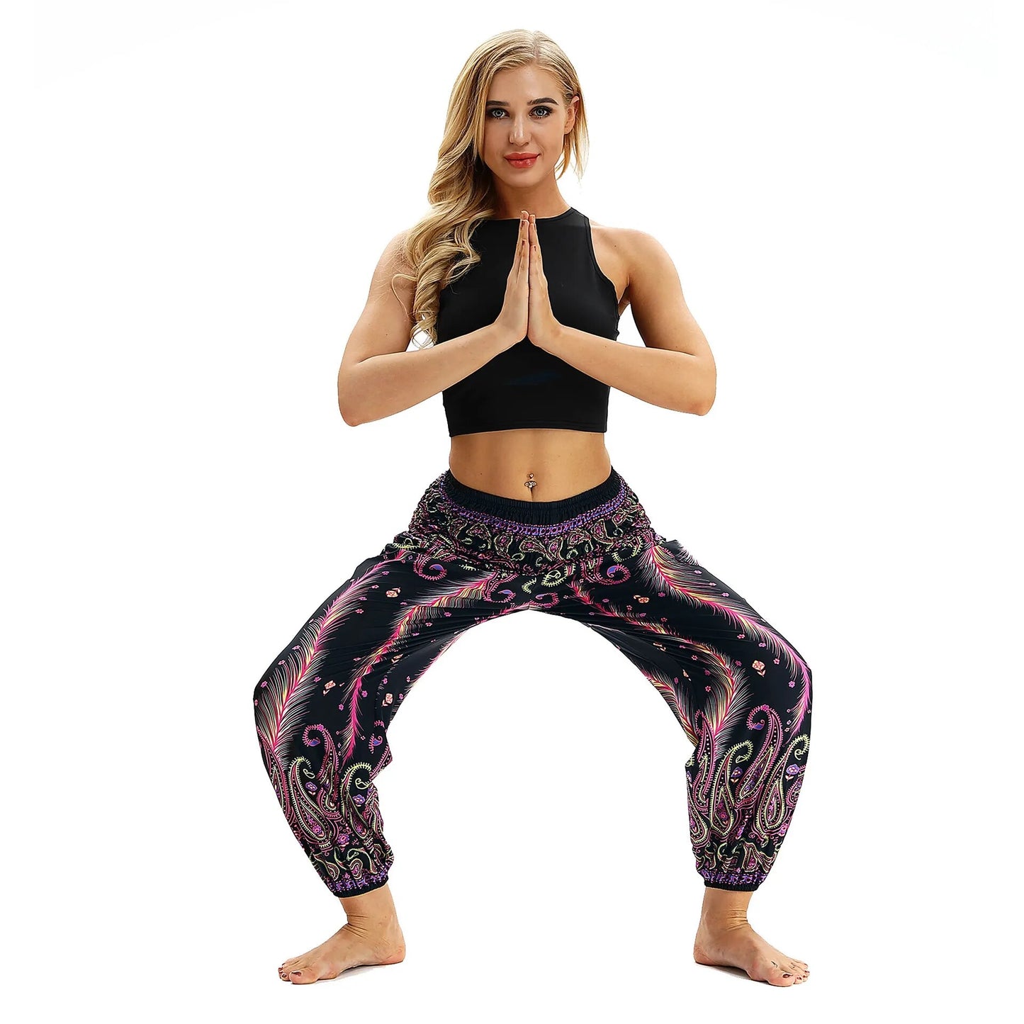 Women Loose Yoga Pants Boho Print High Waist Casual Trousers Sweatpants Casual Beach Harem Pants