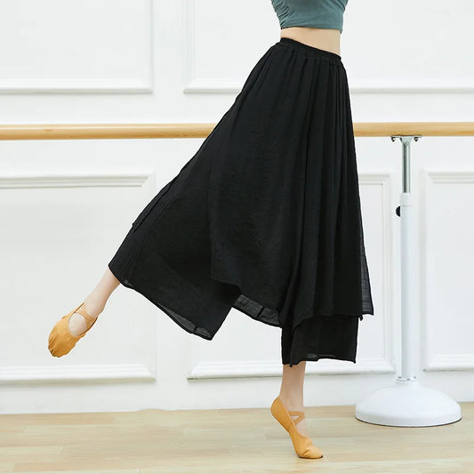 Dance Yoga Pants Ladies Wide Leg Pants Cotton Silk Linen Split Wide Leg Pants Dance Performance Training Pants Plus Size 2XL