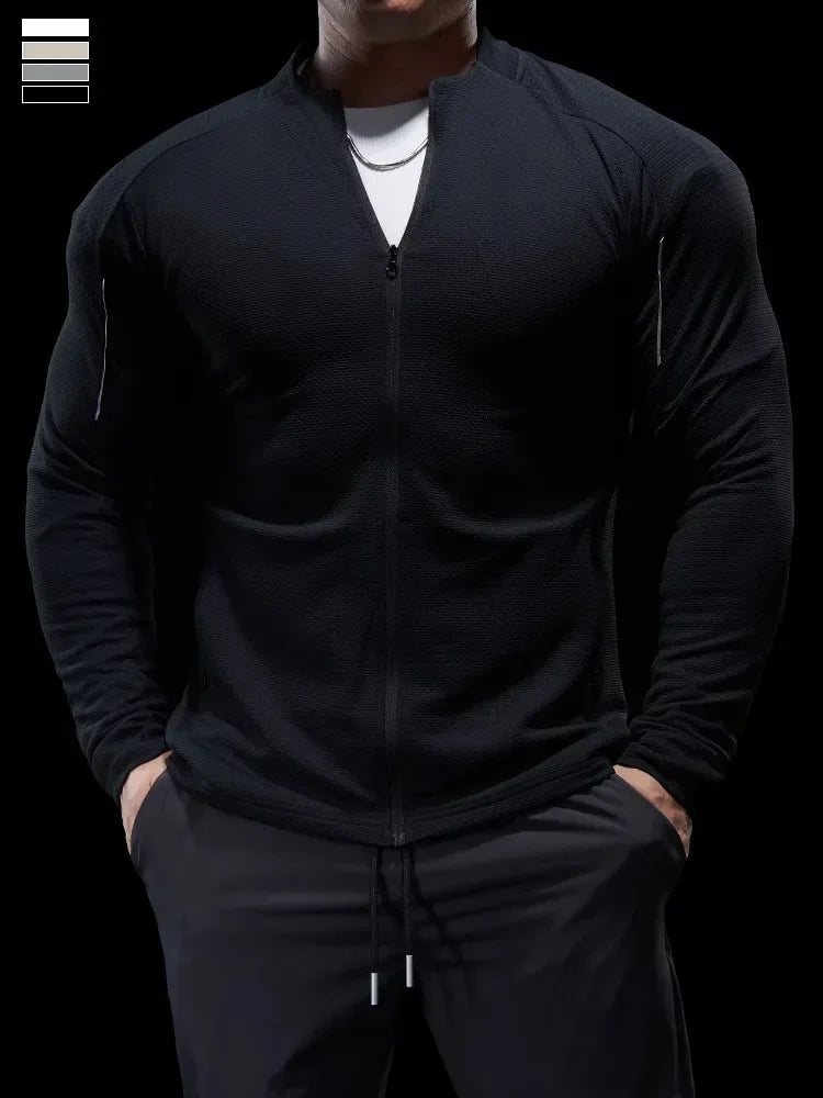 Sports Fitness Jacket Men Autumn Elastic Quick-drying Slim Long-sleeved Gym Training Clothes Outdoor Running Stand-up Zipper Top