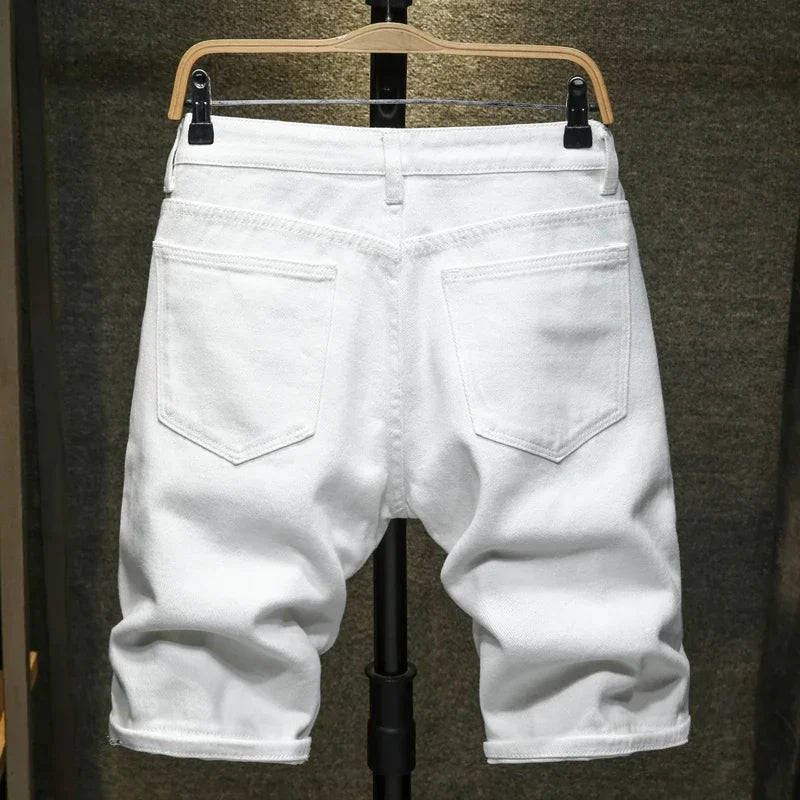 2024 New White Denim Shorts Men Ripped Knee Length Fashion Jeans Casual Hole Slim Male Short Pants Streetwear