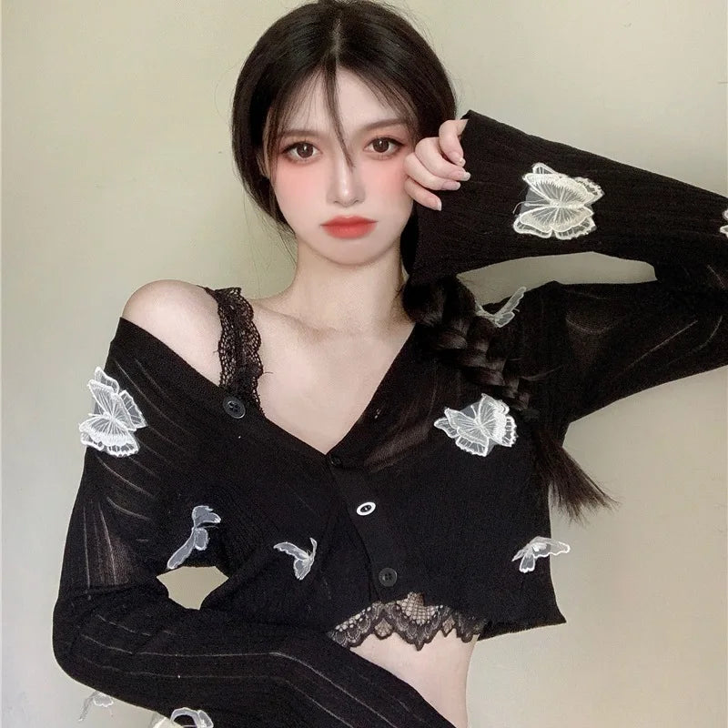 Women  Korean V-Neck  Butterfly Knit Cardigans  Fitness Crop Tops Ladies Summer Thin Long Sleeved Sunscreen Jackets