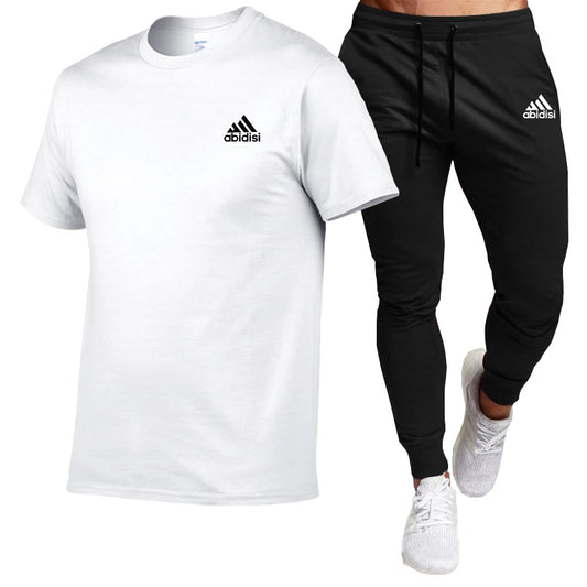 Summer Men's Suit Cotton T-shirt Short Sleeved Top+Black Casual Sports Pants Two-Piece Set Of Fashionable Comfortable Clothing