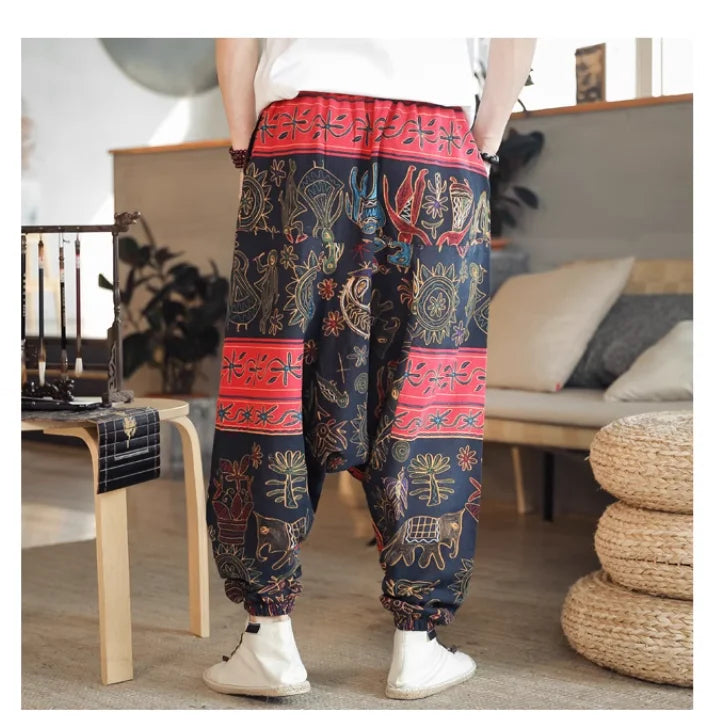 2024 Spring/Summer Nepal Prints Cotton Linen Joggers Men Baggy Hippie Boho Gypsy Aladdin Cargo Pants Yoga Harem Pants Women