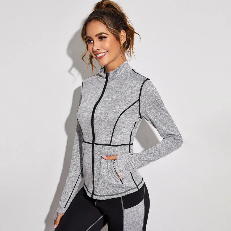 Slim Long Sleeved Sporty Women's Jacket Stand Collar Yoga Coat Zipper S-shaped Waist Sport Sweatshirt for Woman Windproof Tops