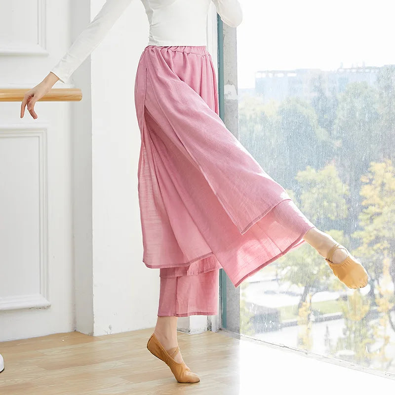 Dance Yoga Pants Ladies Wide Leg Pants Cotton Silk Linen Split Wide Leg Pants Dance Performance Training Pants Plus Size 2XL