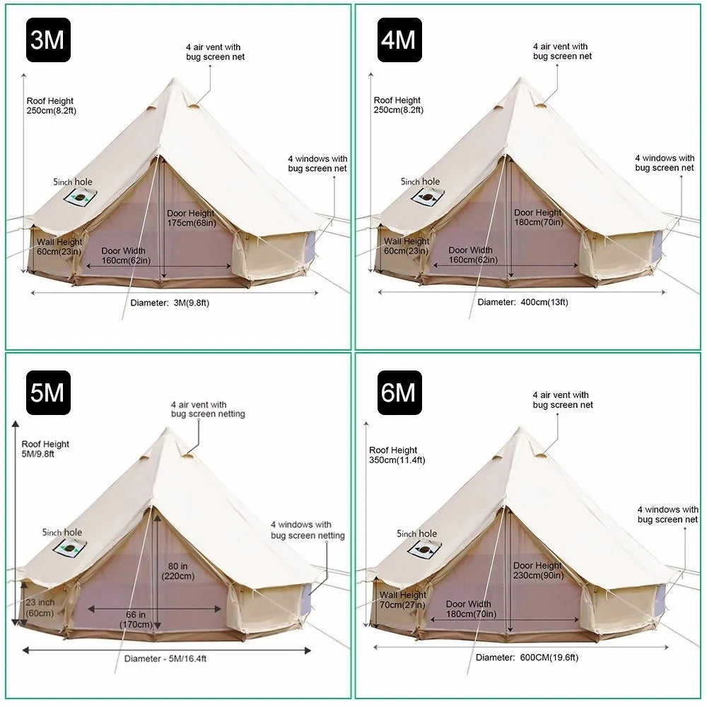 4M 5M 6M Luxury Family Camping Waterproof Sibley Outdoor Glamping  Cotton Canvas Bell Tent