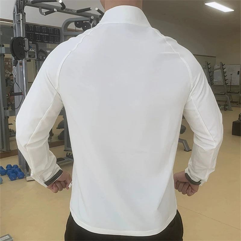 Men's Running Sport Jackets Quick Dry Stand Collar Long Sleeve Jacket with Zip Pockets Workout Training Coats For Man White Coat