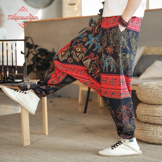 2024 Spring/Summer Nepal Prints Cotton Linen Joggers Men Baggy Hippie Boho Gypsy Aladdin Cargo Pants Yoga Harem Pants Women