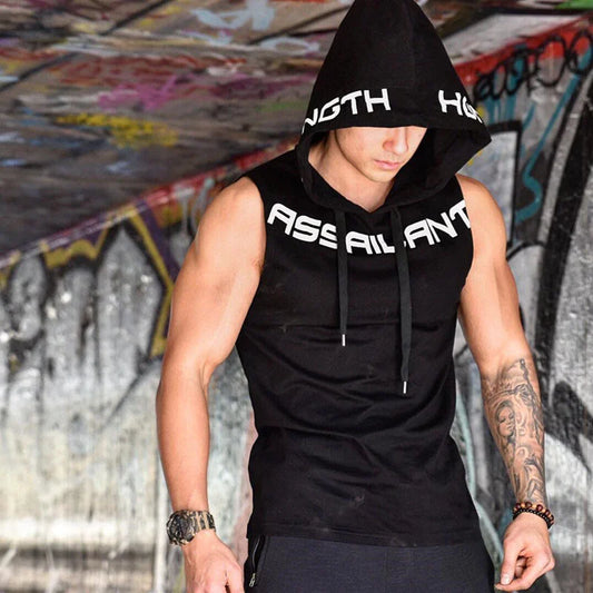 Muscle Fitness Guys Gym Clothing Mens Bodybuilding Hooded Tank Top Men Cotton Sleeveless T Shirt Running Vest Workout Sportswear