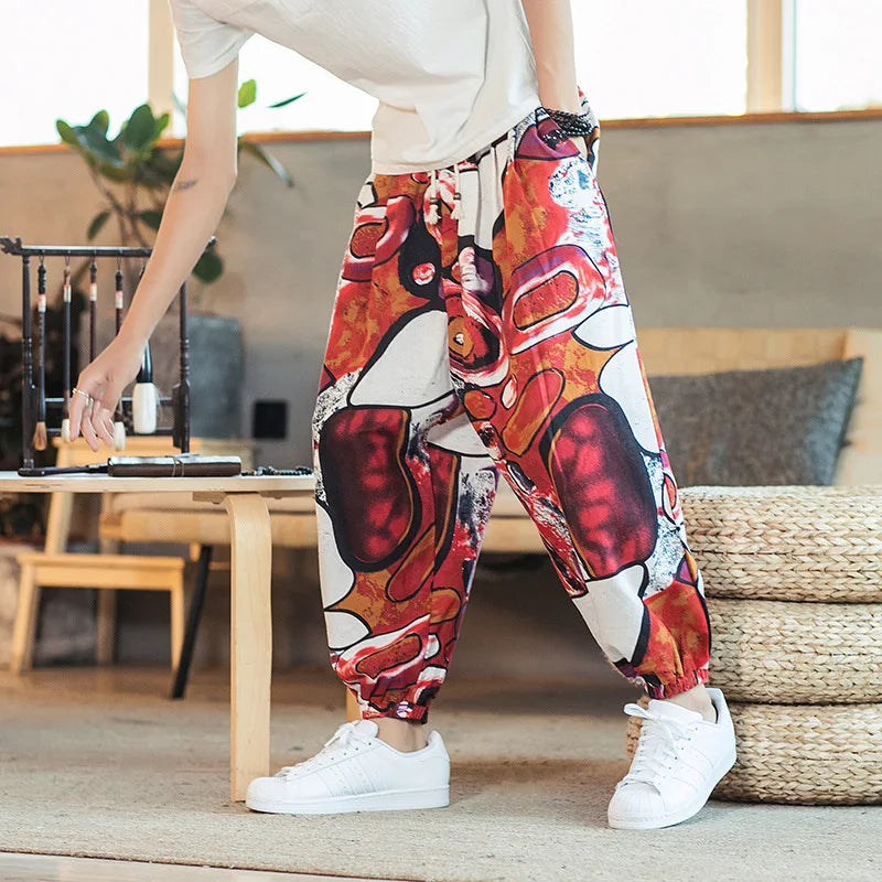 Spring Men Yoga Pant Sweatpant Linen Loose Wide Leg Harem Hippie Bloomers Baggy crotch pant Casual Jogger Running Athletic Pant