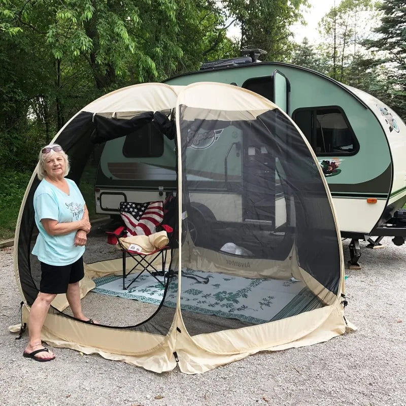 Screen House Room Camping Tent Outdoor Canopy Pop Up Sun Shade Hexagon Shelter Mesh Walls Not Waterproof 10'x10' Beige Patent