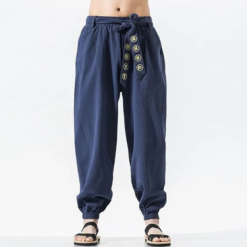 Men Hippie Harem Pants Baggy Linen Boho Yoga Casual Drop Crotch Trouser Men's Casual Jogger Pants with Elastic Waist