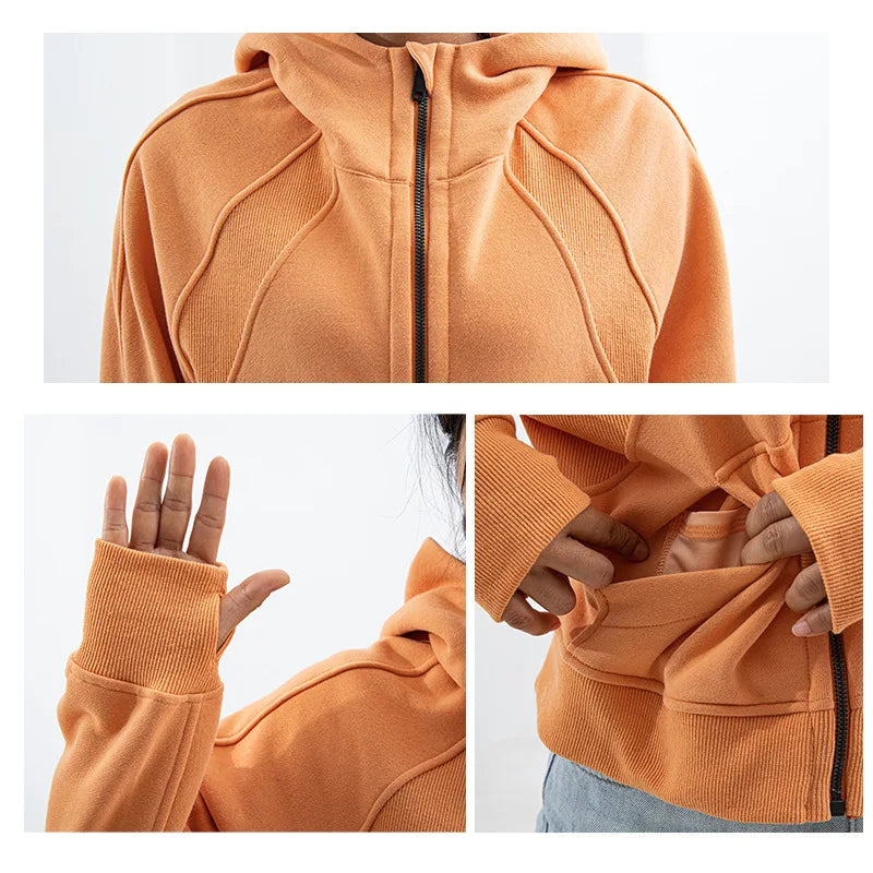 New Scuba Oversized Full Zip Short Hooded Jacket for Women's Autumn and Winter Plush Sports Yoga Running Fitness Warmth