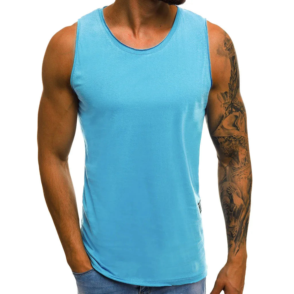 White T Shirt Men'S Summer Sleeveless Blouse Gym Fitness Muscle Tee Tops Solid Color Sweat Bodybuilding Tshirts Exercise Vest