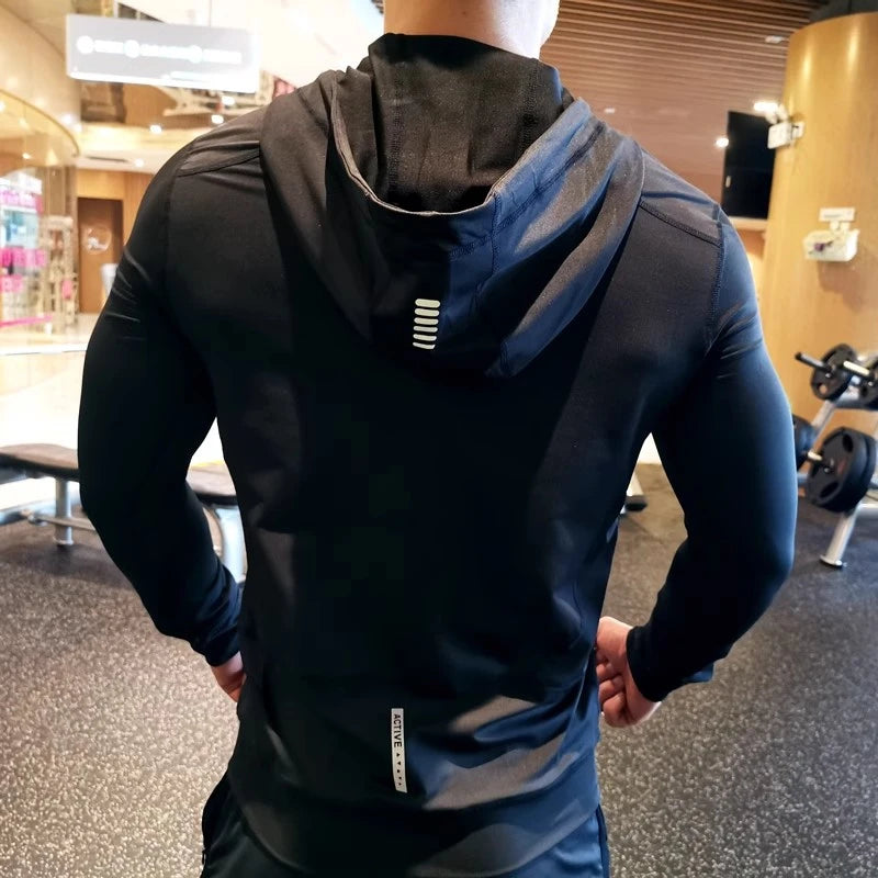 Sports Hoodies Running Fitness Jackets Elastic Tight Zipper Hooded Men Jogging Hoodie Sweatshirts Spring Casual Sportwear Black