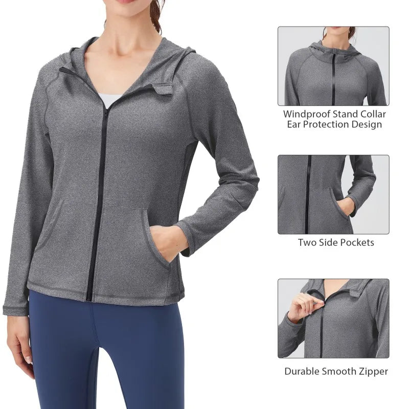 Sports Coat Women Hooded Jacket  Zipper Long Sleeve Pocket Yoga Tops Coat Slim Running Sweatshirts Quick Drying Fitness Cardigan