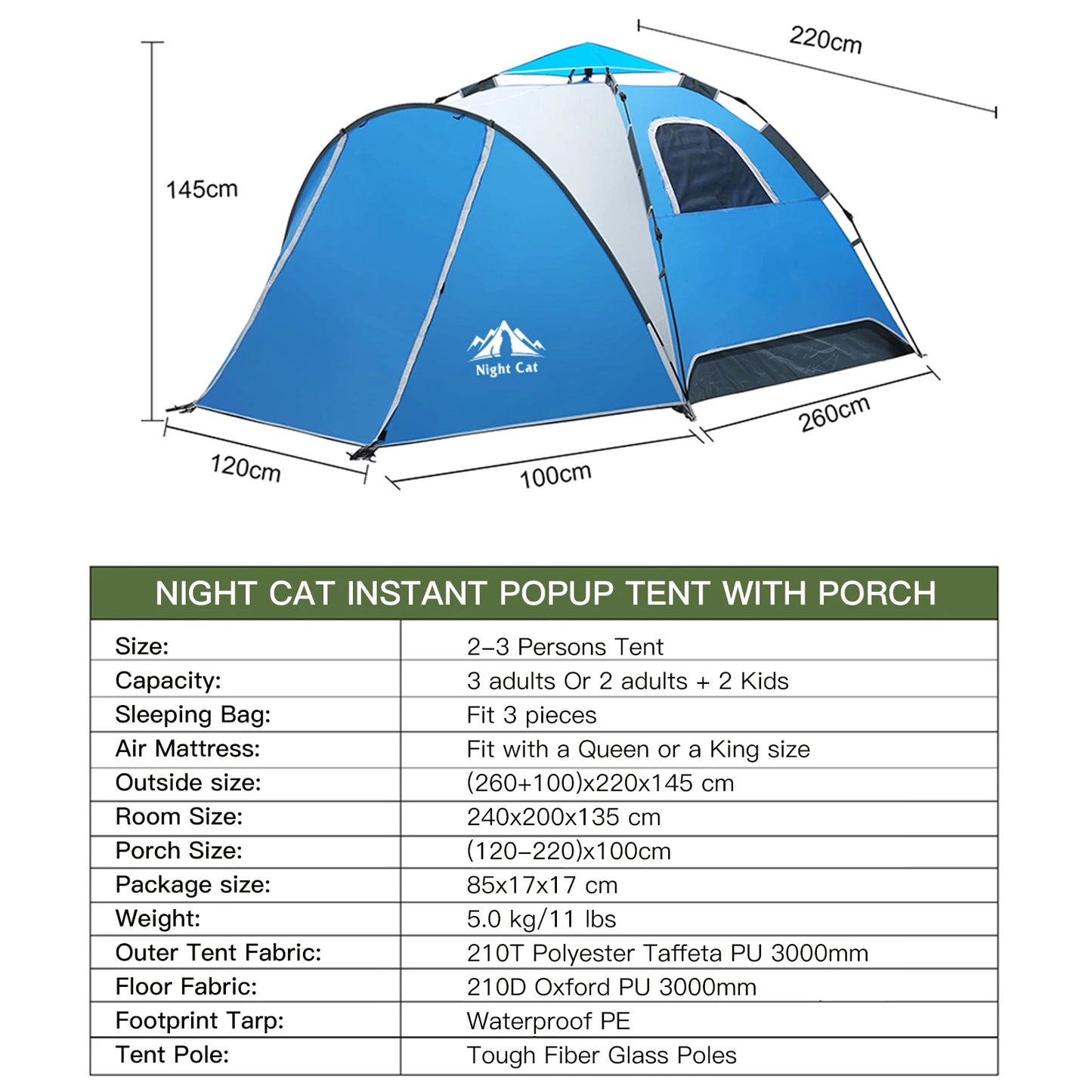 Camping Tent 3-4 Preson Large Space Quick Full-Automatic Opening One Bedroom Sunscreen with Rainfly Double Layers Waterproof