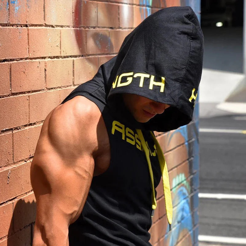 Muscle Fitness Guys Gym Clothing Mens Bodybuilding Hooded Tank Top Men Cotton Sleeveless T Shirt Running Vest Workout Sportswear