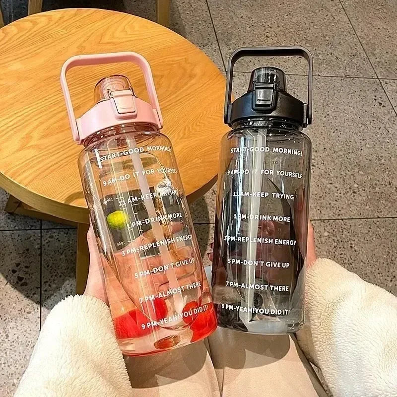 2 Liter Water Bottle with Straw Bottle Outdoor Sports Drinking Bottles Time Marker Large Capacity Travel Fitness Hydro Flask