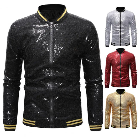 Zipper Cardigan Jacket Sequin Stage Show Dance Performance Coat for Men Shiny Slim Fit Zipper Closure Cardigan with Stand Collar