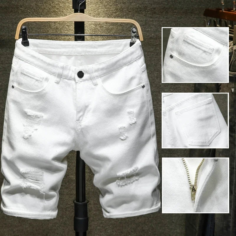 2024 New White Denim Shorts Men Ripped Knee Length Fashion Jeans Casual Hole Slim Male Short Pants Streetwear