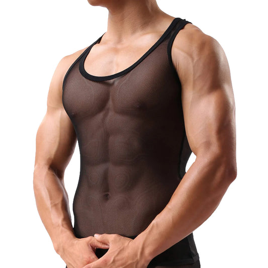 Tank Tops For Men Mesh See Through T-shirt Sleepwear Sleeveless Tops Underwear Male Undershirt Transparent Shirt 2023