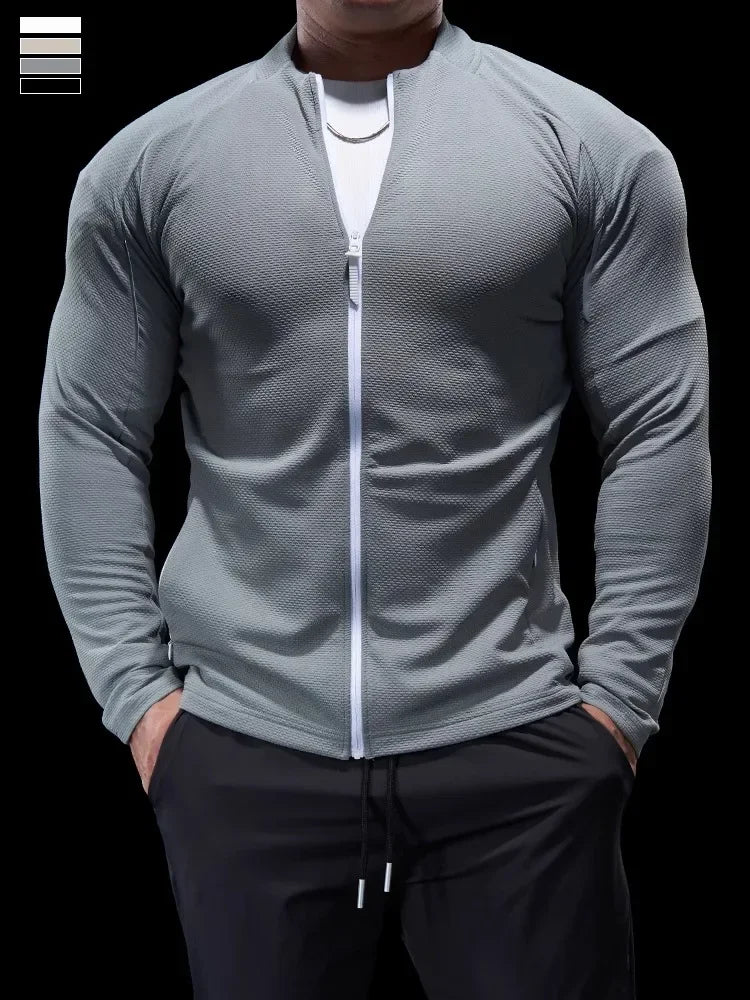 Sports Fitness Jacket Men Autumn Elastic Quick-drying Slim Long-sleeved Gym Training Clothes Outdoor Running Stand-up Zipper Top