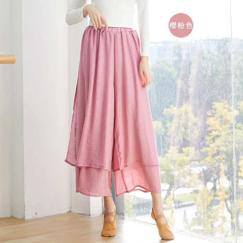 Dance Yoga Pants Ladies Wide Leg Pants Cotton Silk Linen Split Wide Leg Pants Dance Performance Training Pants Plus Size 2XL