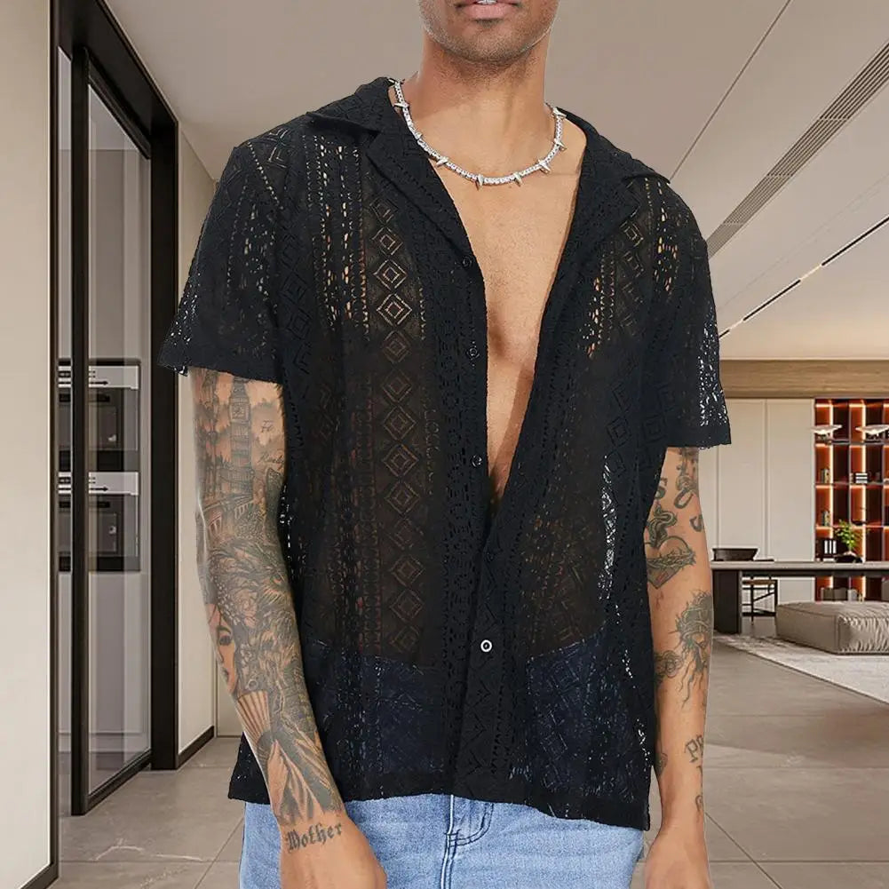 Men Summer Top Trendy Cardigan Men Summer Top Lace Men Top See-through Cutout Men T-shirt Men Garment