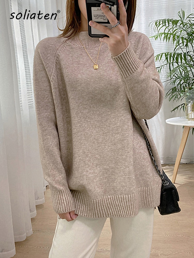 Women Mock Neck Pullovers Sweater High Quality Oversized Jumper Split Fall Winter Clothes Beige Purple Green 8 Colors  C-114