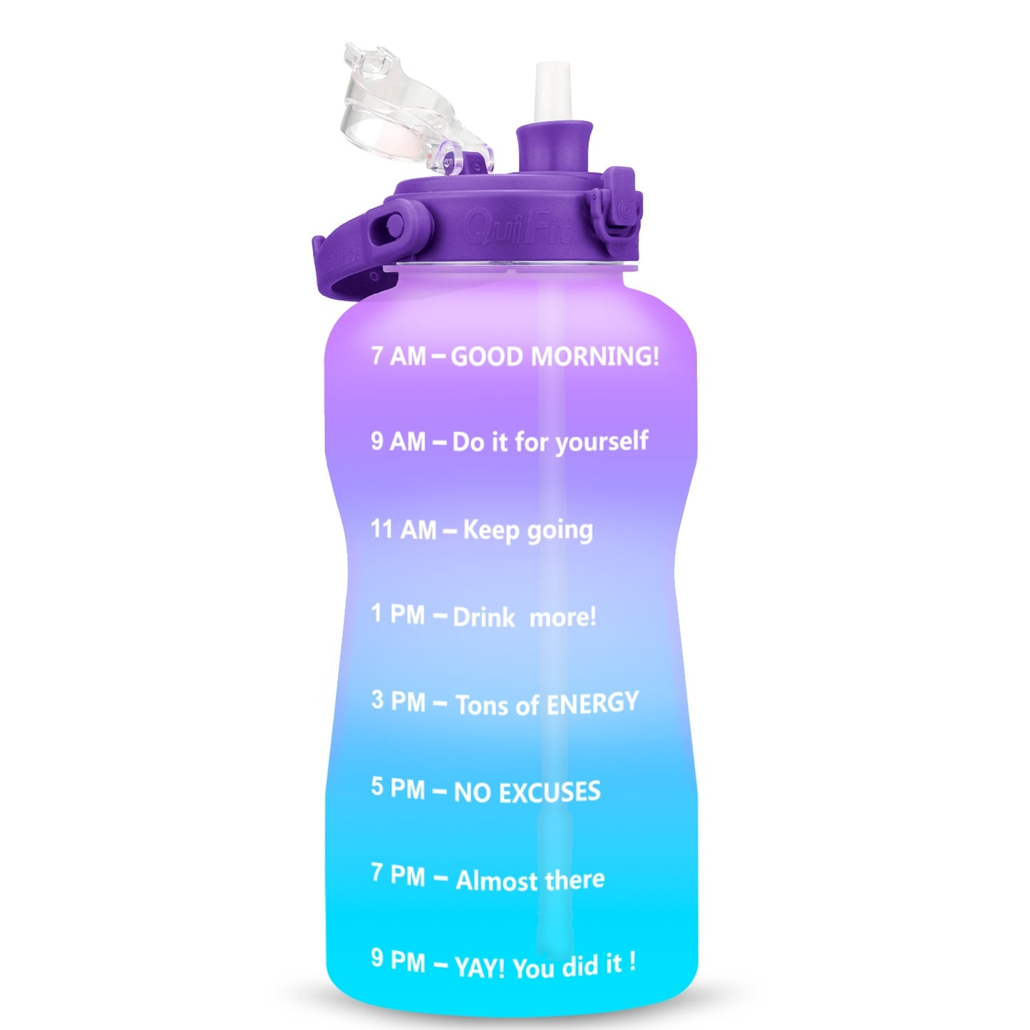 Quifit Half Gallon 2L Water Bottle with Straw 2 Litre Tritan BPA Free Motivational Quote Time Marker 2000ml Jug Star Style