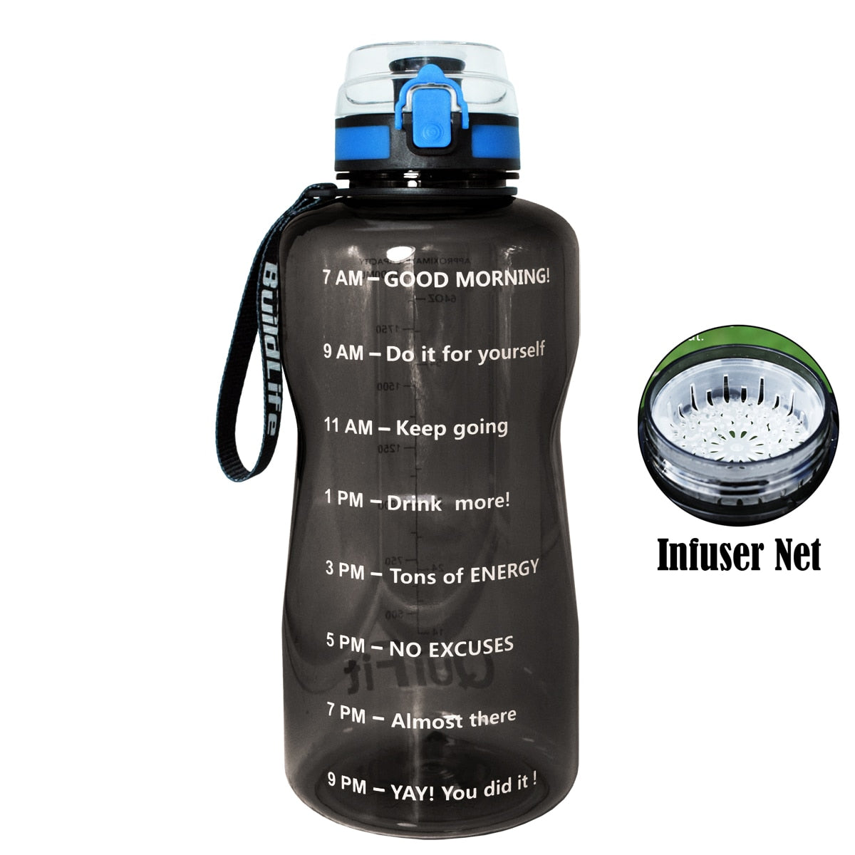 BuildLife 1.3L 2L 64oz Motivational Water Bottle with Time Marking Bpa Free Tritan Fitness Gym Jug Sport Plastic Drinking Filter