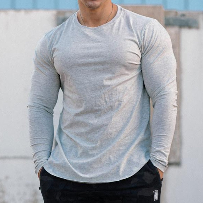 Men Long Sleeve Tshirt Curved Hem Tshirt Bodybuilding Muscle Workout Fitness Shirt Solid Color Men Undershirt