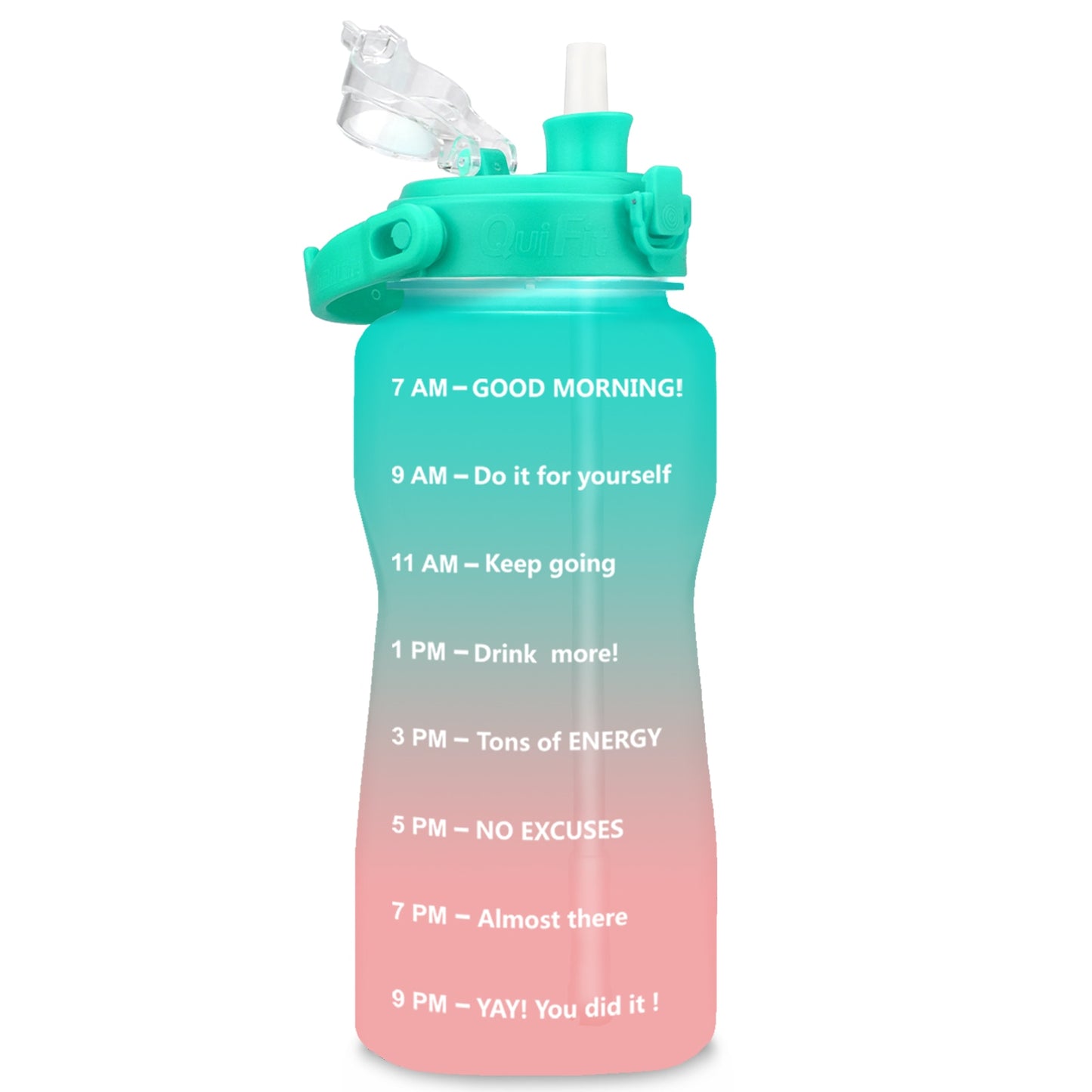 Quifit Half Gallon 2L Water Bottle with Straw 2 Litre Tritan BPA Free Motivational Quote Time Marker 2000ml Jug Star Style