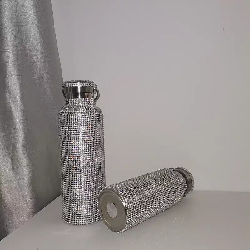 sparkling High-end Insulated Bottle Bling Rhinestone Stainless Steel Thermal Bottle Diamond Thermo Silver Water Bottle with Lid