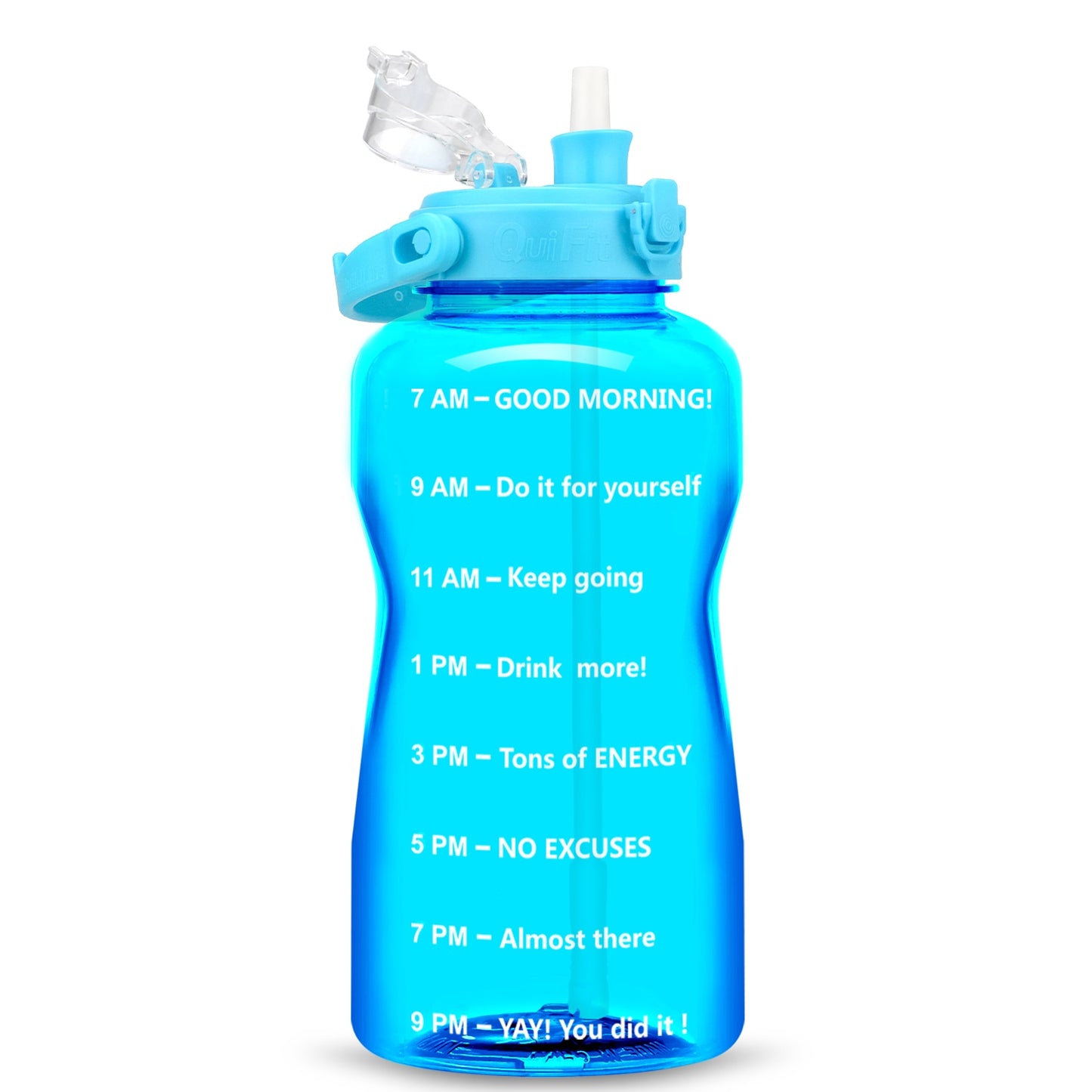 Quifit Half Gallon 2L Water Bottle with Straw 2 Litre Tritan BPA Free Motivational Quote Time Marker 2000ml Jug Star Style