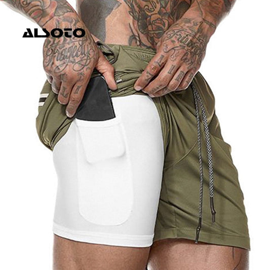 Men&#39;s Casual Shorts 2 in 1 Running Shorts Quick Drying Sport Shorts Gyms Fitness Bodybuilding Workout Built-in Pockets Short Men