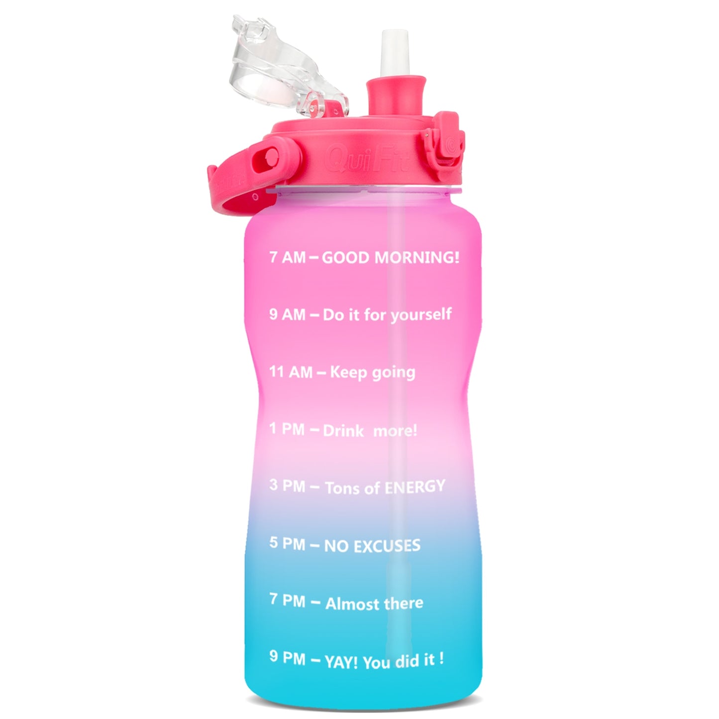 Quifit Half Gallon 2L Water Bottle with Straw 2 Litre Tritan BPA Free Motivational Quote Time Marker 2000ml Jug Star Style