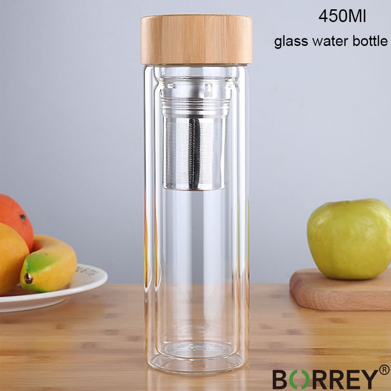 BORREY 450Ml Glass Water Bottle Anti-scald Double Wall Tea Bottle With Infuser Filter Strainer Office Clear Drinking Bottle