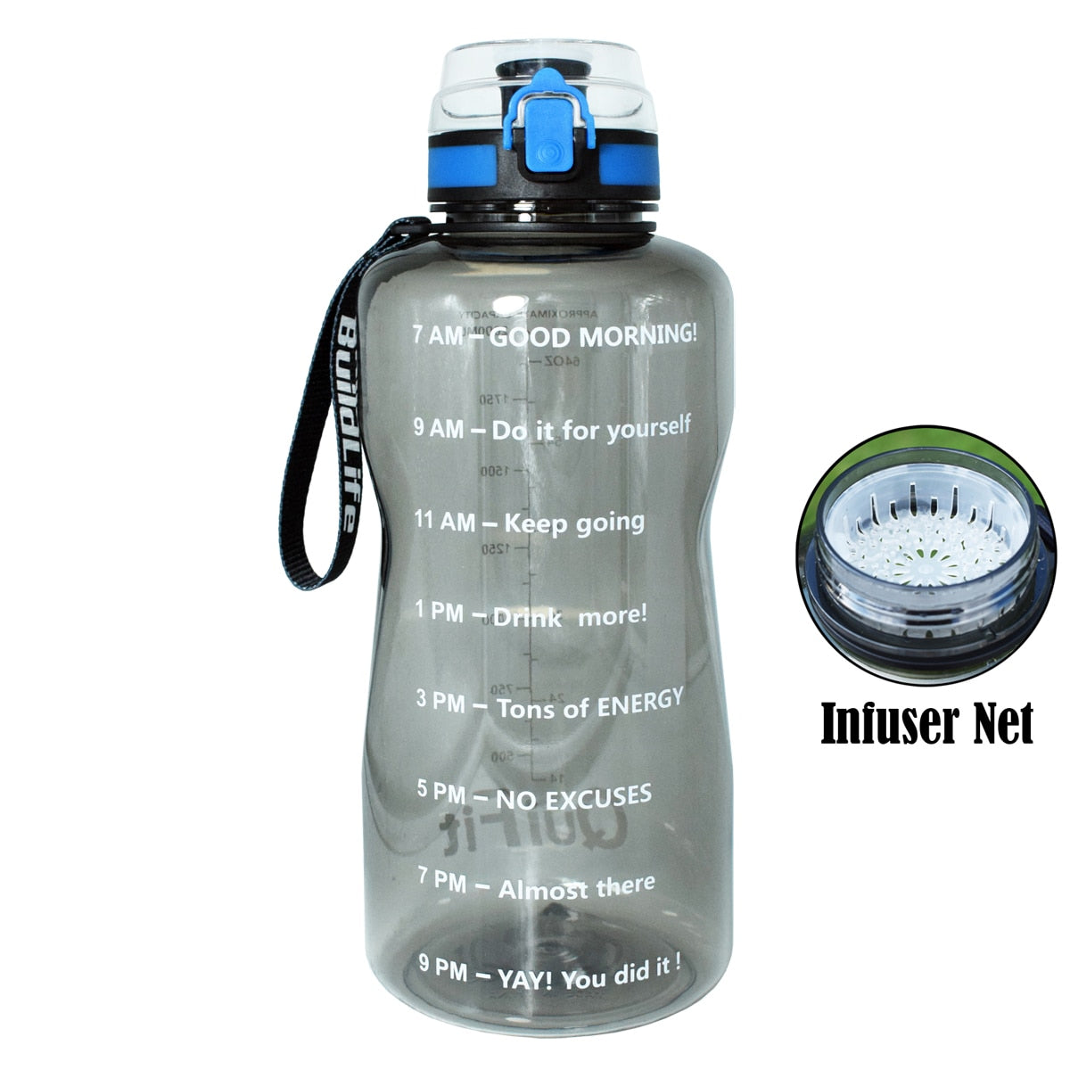 BuildLife 1.3L 2L 64oz Motivational Water Bottle with Time Marking Bpa Free Tritan Fitness Gym Jug Sport Plastic Drinking Filter