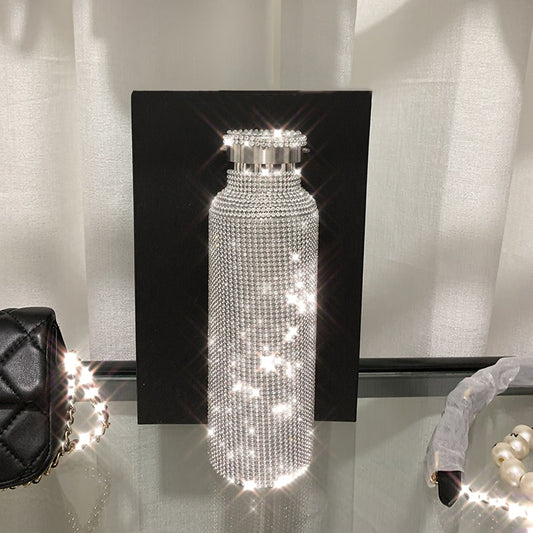 sparkling High-end Insulated Bottle Bling Rhinestone Stainless Steel Thermal Bottle Diamond Thermo Silver Water Bottle with Lid