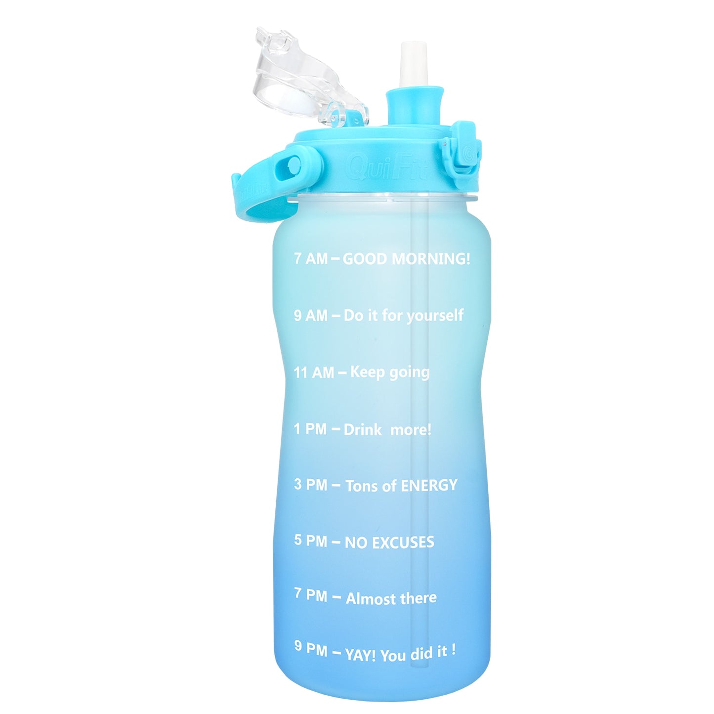 Quifit Half Gallon 2L Water Bottle with Straw 2 Litre Tritan BPA Free Motivational Quote Time Marker 2000ml Jug Star Style