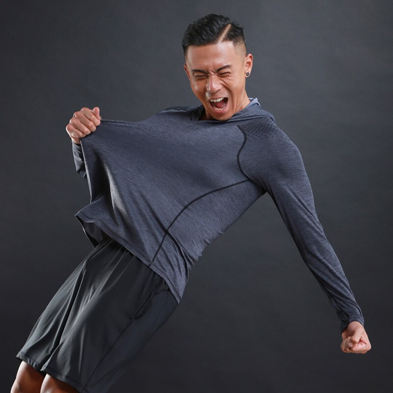 Hooded Running Shirt Gym Men Sport T Shirt Long Sleeve Sportswear Workout Shirts Men Sports Shirt Top Jersey Fitness Clothing