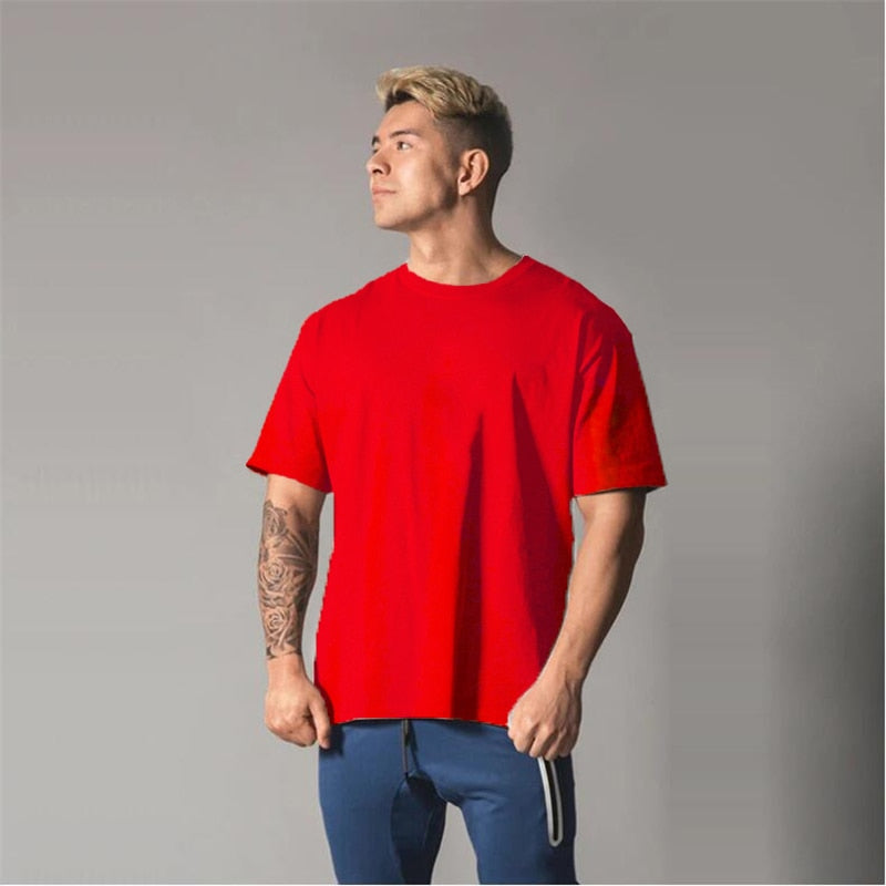 Men&#39;s Oversized T shirt Solid Color Gym Clothing Bodybuilding Fitness Loose Sportswear T-shirt Streetwear Hip-Hop Tshirt