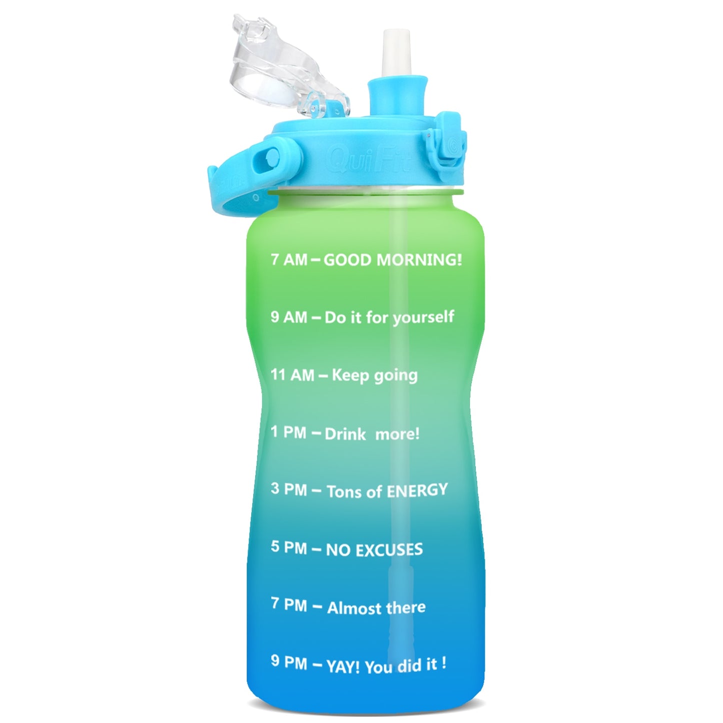 Quifit Half Gallon 2L Water Bottle with Straw 2 Litre Tritan BPA Free Motivational Quote Time Marker 2000ml Jug Star Style