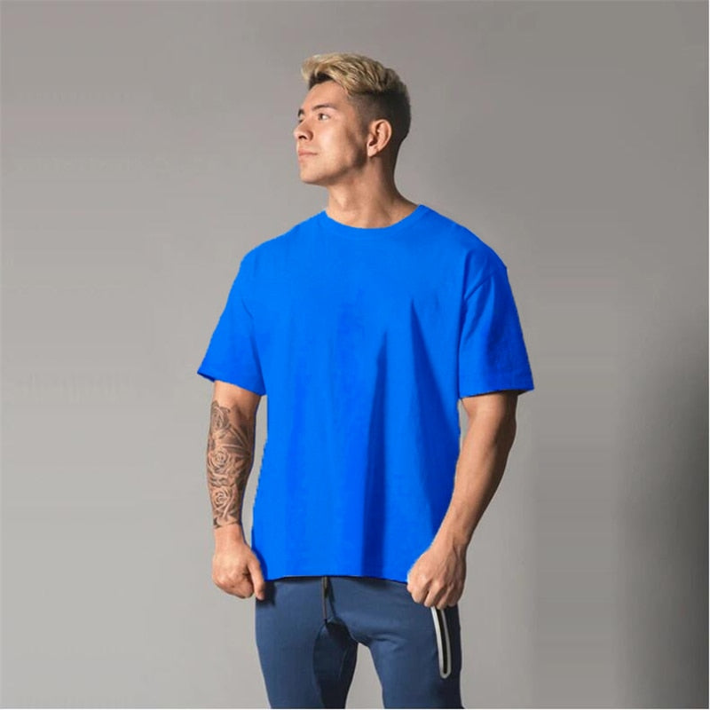 Men&#39;s Oversized T shirt Solid Color Gym Clothing Bodybuilding Fitness Loose Sportswear T-shirt Streetwear Hip-Hop Tshirt