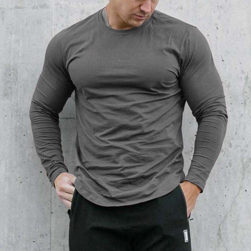 Men Long Sleeve Tshirt Curved Hem Tshirt Bodybuilding Muscle Workout Fitness Shirt Solid Color Men Undershirt